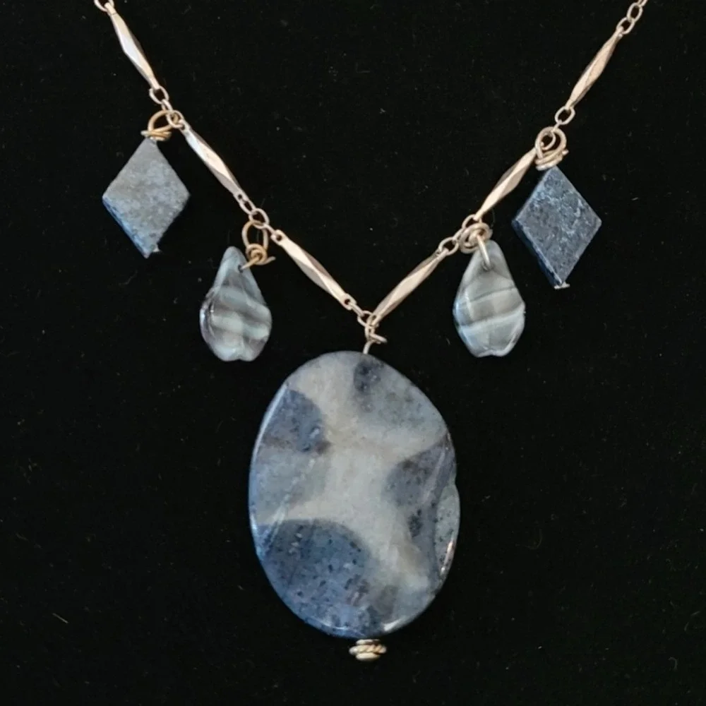 Vintage Blue Grey‎ Natural Stone Bohemian Silver Bar Link Multi Charm Necklace